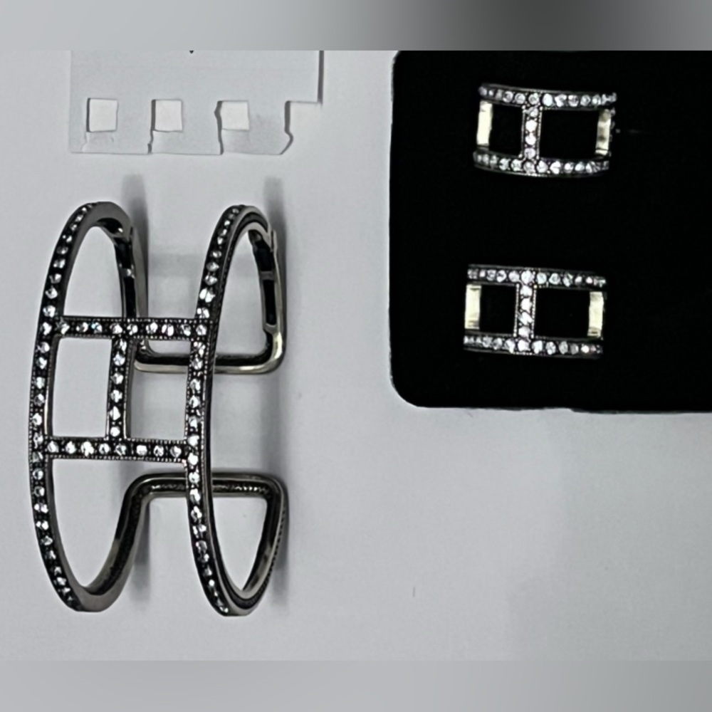 Elegant Clear Stones Set In Brass Cuff Bracelet & Earrings for Pierced Ears Set.
